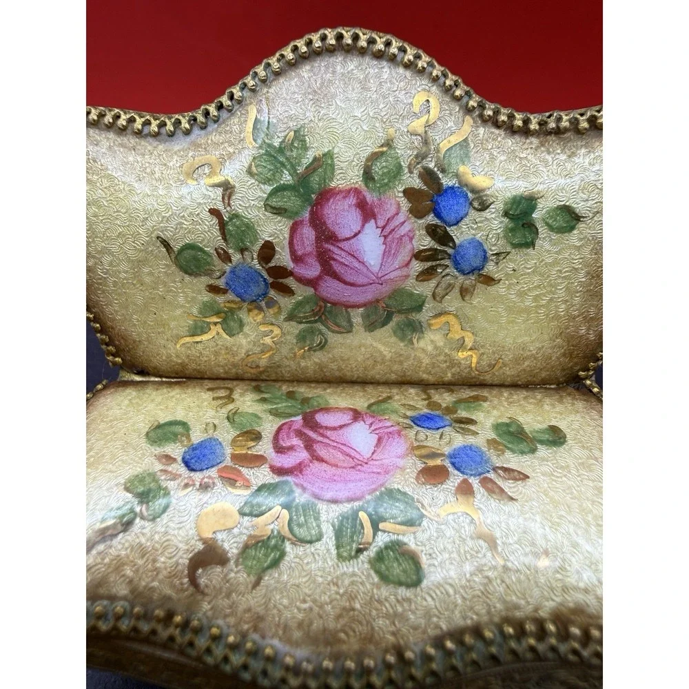 Antique Viennese Enamel Gold Miniature Dollhouse Settee And 2 Chairs Floral